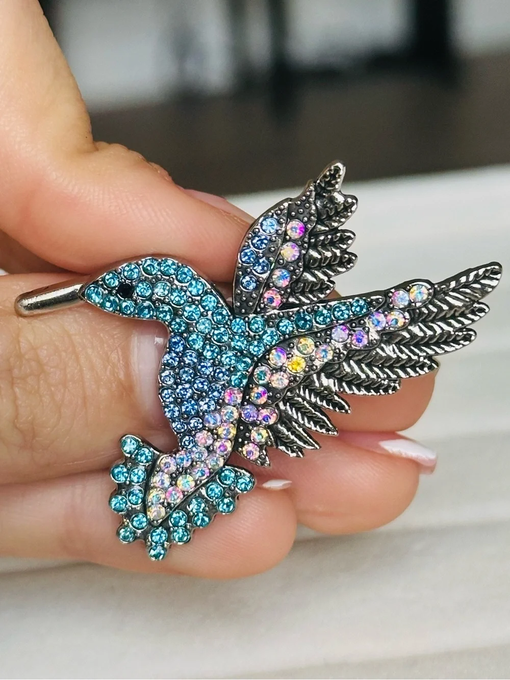 New! Blue Crystal Hummingbird Bird Pin Brooch